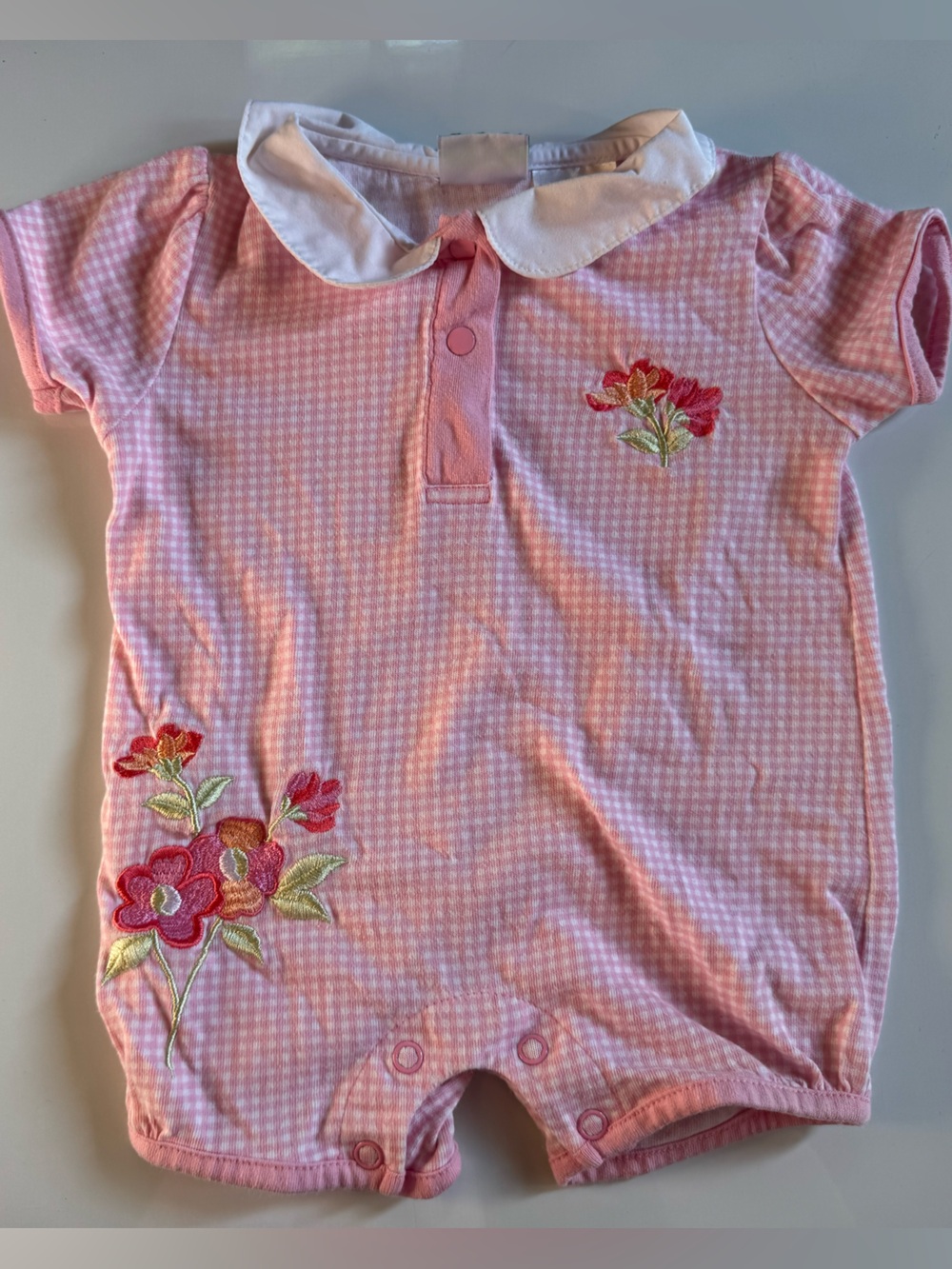 Baby Girl Pink Short-Sleeve Polo Romper with Floral Embroidery